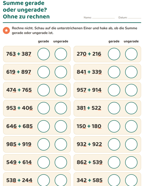 Vorschau: Gerade und ungerade Zahlen-Arbeitsblatt für 3. Klasse