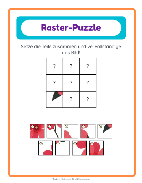 Vorschau: Gitter-Zuordnung-Arbeitsblatt mit Blumen für Kindergarten