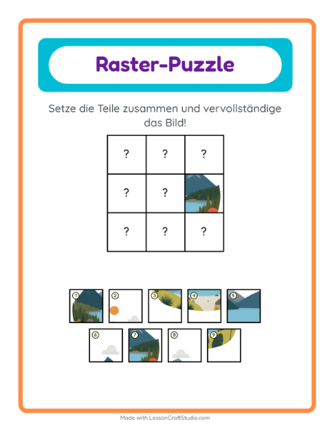 Vorschau: Gitter-Zuordnung-Arbeitsblatt mit Camping für Kindergarten