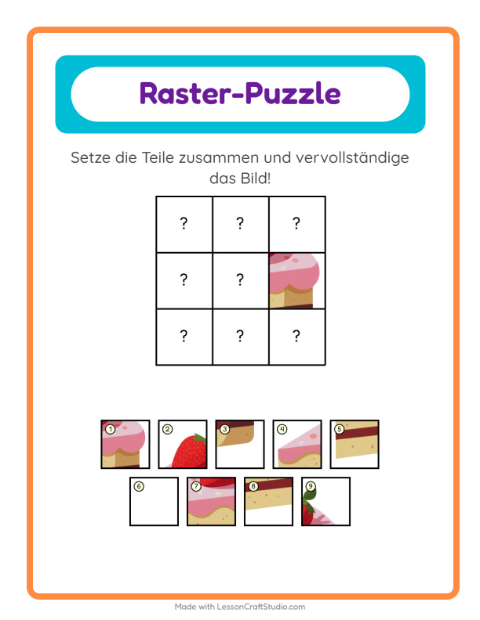 Vorschau: Gitter-Zuordnung-Arbeitsblatt mit Desserts und Süßigkeiten für Kindergarten