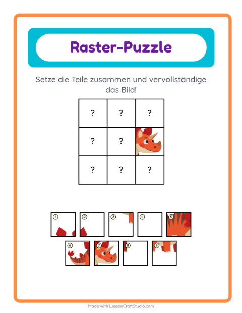 Vorschau: Gitter-Zuordnung-Arbeitsblatt mit Dinosaurier für Kindergarten