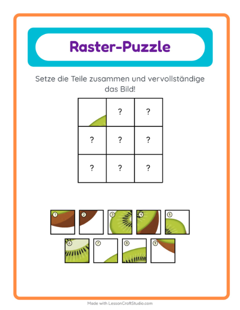 Vorschau: Gitter-Zuordnung-Arbeitsblatt mit Früchte für Kindergarten