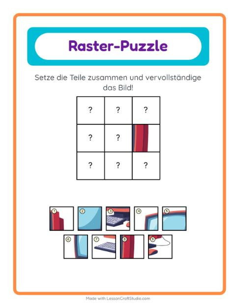 Vorschau: Gitter-Zuordnung-Arbeitsblatt mit Klassenzimmer für Kindergarten