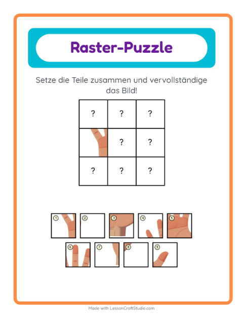 Vorschau: Gitter-Zuordnung-Arbeitsblatt mit Körperteile für Kindergarten