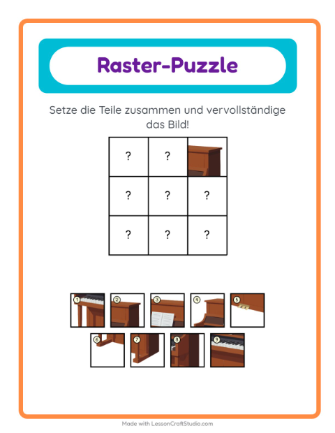 Vorschau: Gitter-Zuordnung-Arbeitsblatt mit Musik für Kindergarten