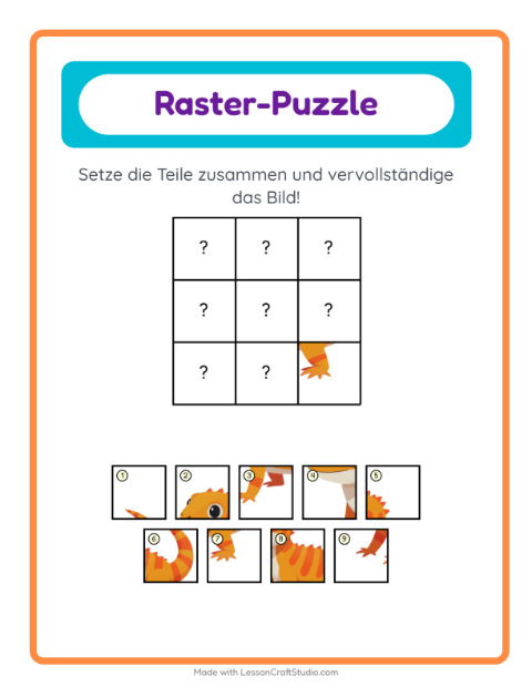 Vorschau: Gitter-Zuordnung-Arbeitsblatt mit Reptilien und Amphibien für Kindergarten