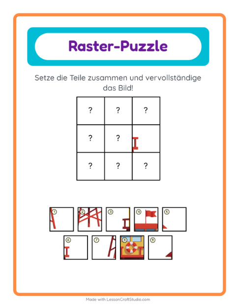 Vorschau: Gitter-Zuordnung-Arbeitsblatt mit Strand für Kindergarten
