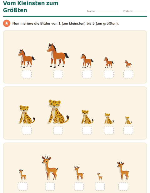 Vorschau: Größen vergleichen-Arbeitsblatt mit Tiere für Kindergarten