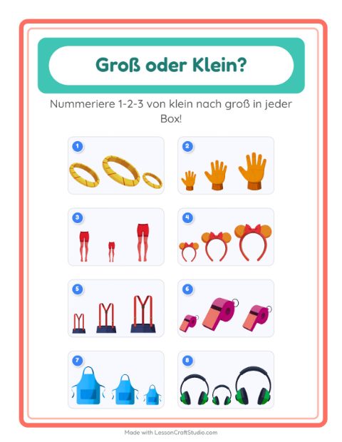 Vorschau: Groß oder klein-Arbeitsblatt mit Accessoires für Vorschule