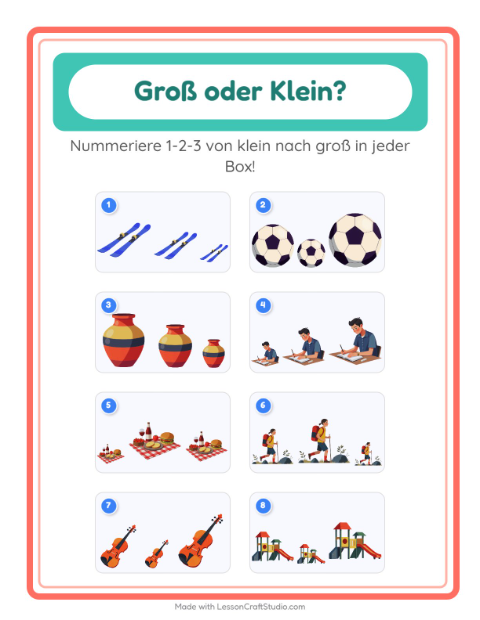 Vorschau: Groß oder klein-Arbeitsblatt mit Aktivitäten für Vorschule
