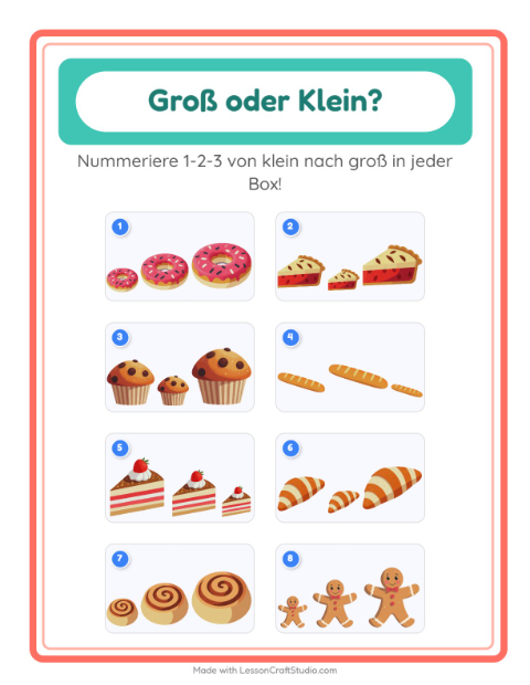 Vorschau: Groß oder klein-Arbeitsblatt mit Bäckerei für Vorschule