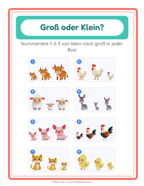 Vorschau: Groß oder klein-Arbeitsblatt mit Bauernhoftiere für Vorschule
