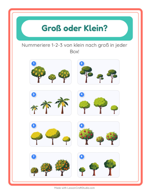 Vorschau: Groß oder klein-Arbeitsblatt mit Bäume für Vorschule