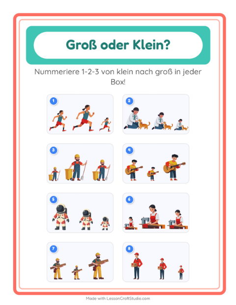 Vorschau: Groß oder klein-Arbeitsblatt mit Berufe für Vorschule
