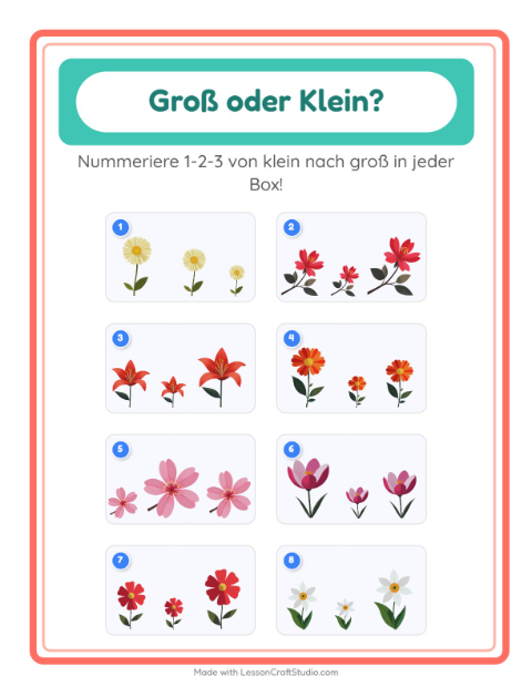 Vorschau: Groß oder klein-Arbeitsblatt mit Blumen für Vorschule