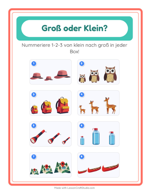 Vorschau: Groß oder klein-Arbeitsblatt mit Camping für Vorschule