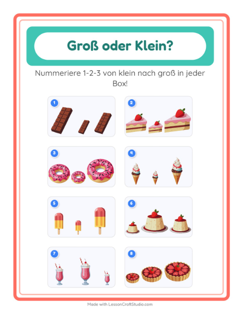 Vorschau: Groß oder klein-Arbeitsblatt mit Desserts und Süßigkeiten für Vorschule