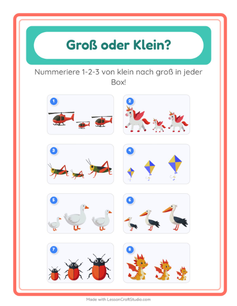 Vorschau: Groß oder klein-Arbeitsblatt mit Dinge die fliegen für Vorschule