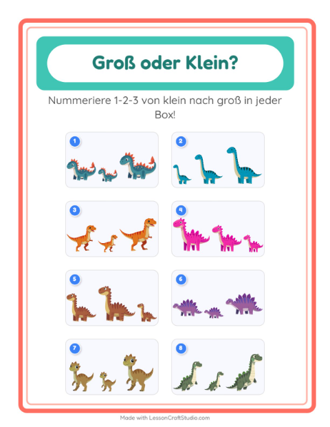 Vorschau: Groß oder klein-Arbeitsblatt mit Dinosaurier für Vorschule