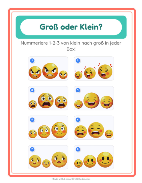 Vorschau: Groß oder klein-Arbeitsblatt mit Emotionen für Vorschule