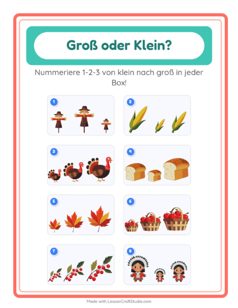 Vorschau: Groß oder klein-Arbeitsblatt mit Erntedankfest für Vorschule