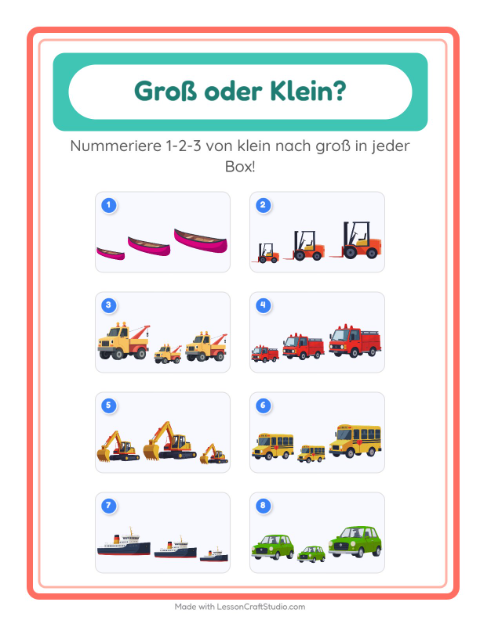 Vorschau: Groß oder klein-Arbeitsblatt mit Fahrzeuge für Vorschule