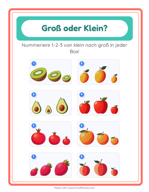 Vorschau: Groß oder klein-Arbeitsblatt mit Früchte für Vorschule