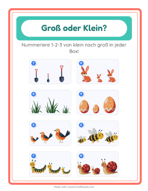 Vorschau: Groß oder klein-Arbeitsblatt mit Frühling für Vorschule