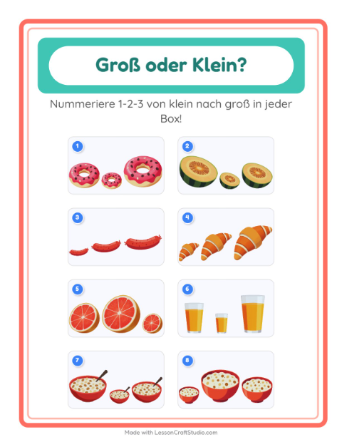 Vorschau: Groß oder klein-Arbeitsblatt mit Frühstück für Vorschule