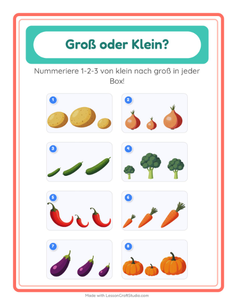 Vorschau: Groß oder klein-Arbeitsblatt mit Gemüse für Vorschule