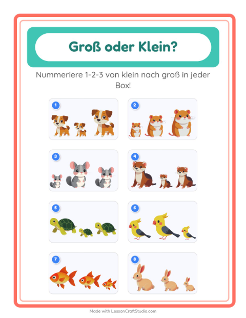 Vorschau: Groß oder klein-Arbeitsblatt mit Haustiere für Vorschule