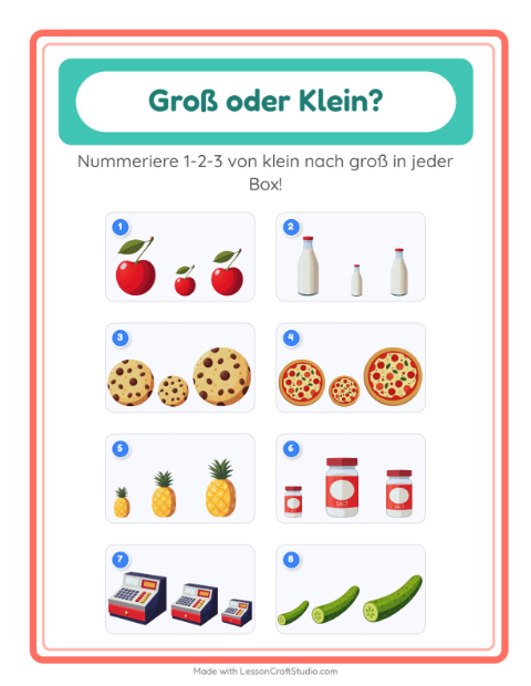 Vorschau: Groß oder klein-Arbeitsblatt mit Im Supermarkt für Vorschule