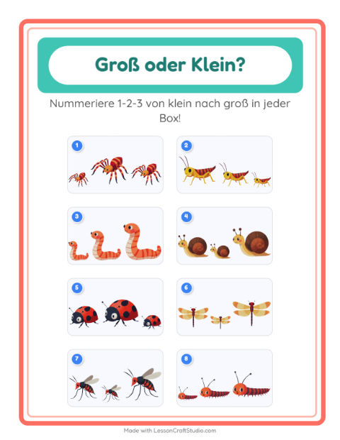 Vorschau: Groß oder klein-Arbeitsblatt mit Insekten und Käfer für Vorschule