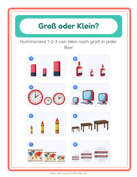 Vorschau: Groß oder klein-Arbeitsblatt mit Klassenzimmer für Vorschule