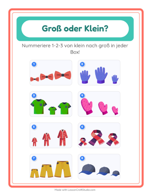 Vorschau: Groß oder klein-Arbeitsblatt mit Kleidung für Vorschule