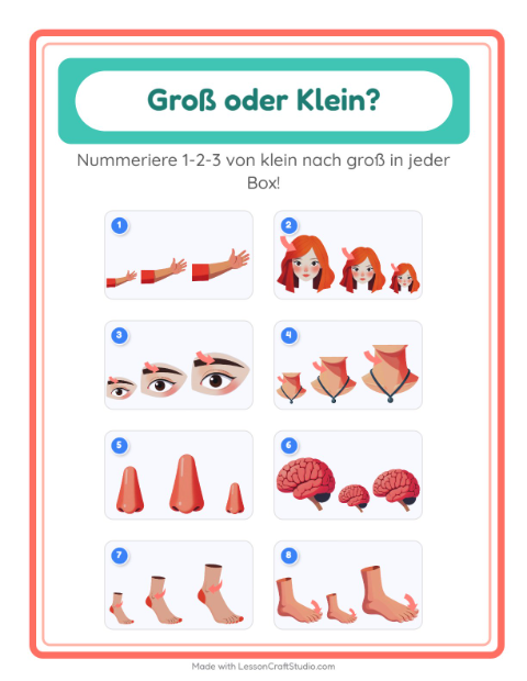Vorschau: Groß oder klein-Arbeitsblatt mit Körperteile für Vorschule