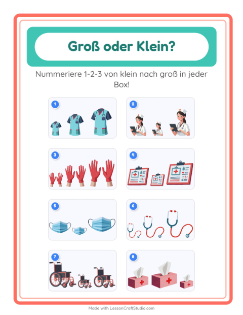 Vorschau: Groß oder klein-Arbeitsblatt mit Krankenhaus für Vorschule