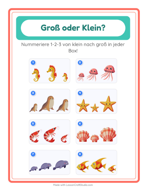 Vorschau: Groß oder klein-Arbeitsblatt mit Meeresleben für Vorschule