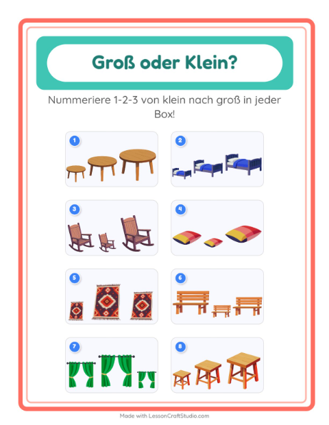 Vorschau: Groß oder klein-Arbeitsblatt mit Möbel für Vorschule