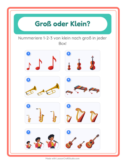 Vorschau: Groß oder klein-Arbeitsblatt mit Musik für Vorschule