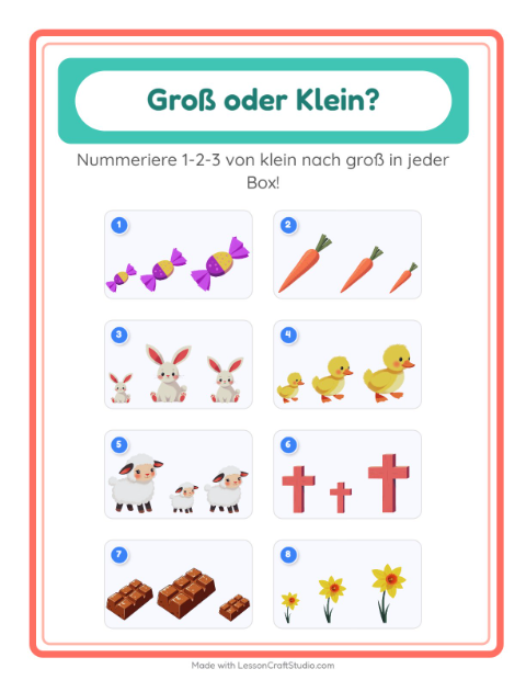 Vorschau: Groß oder klein-Arbeitsblatt mit Ostern für Vorschule