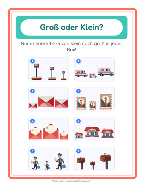Vorschau: Groß oder klein-Arbeitsblatt mit Postamt für Vorschule