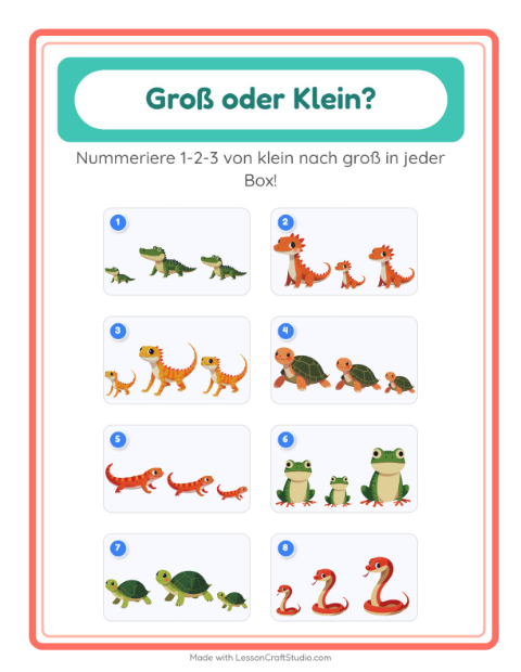 Vorschau: Groß oder klein-Arbeitsblatt mit Reptilien und Amphibien für Vorschule
