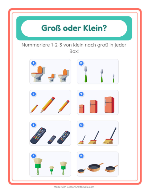 Vorschau: Groß oder klein-Arbeitsblatt mit Rund ums Haus für Vorschule