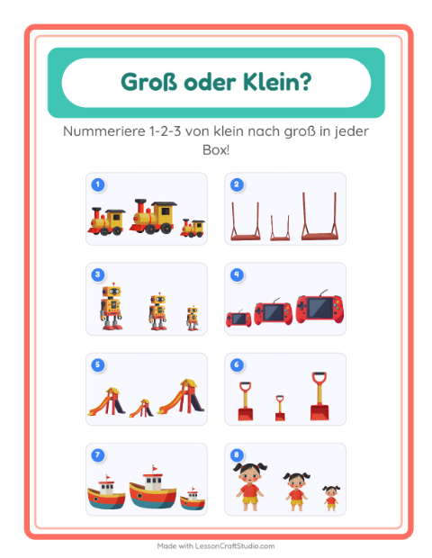 Vorschau: Groß oder klein-Arbeitsblatt mit Spielzeug für Vorschule