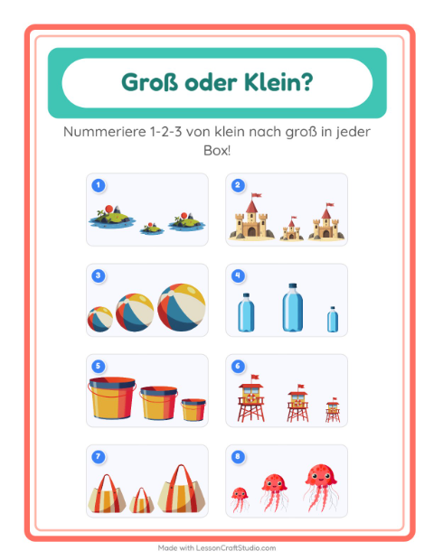 Vorschau: Groß oder klein-Arbeitsblatt mit Strand für Vorschule