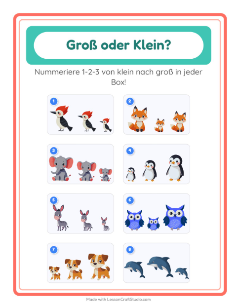 Vorschau: Groß oder klein-Arbeitsblatt mit Tiere für Vorschule