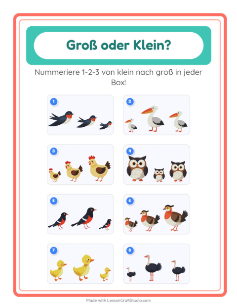 Vorschau: Groß oder klein-Arbeitsblatt mit Vögel 2 für Vorschule