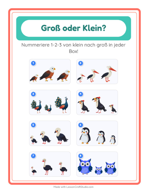 Vorschau: Groß oder klein-Arbeitsblatt mit Vögel für Vorschule