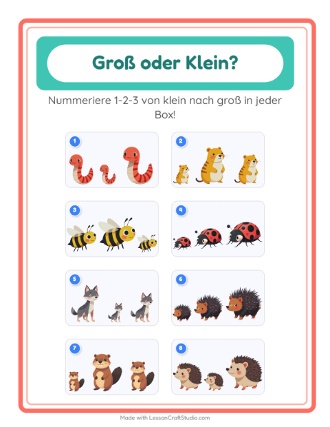 Vorschau: Groß oder klein-Arbeitsblatt mit Waldtiere für Vorschule